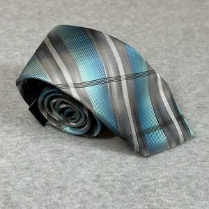 John Ashford Mens Tie Teal Gray Plaid Washable Polyester Stain Resistant